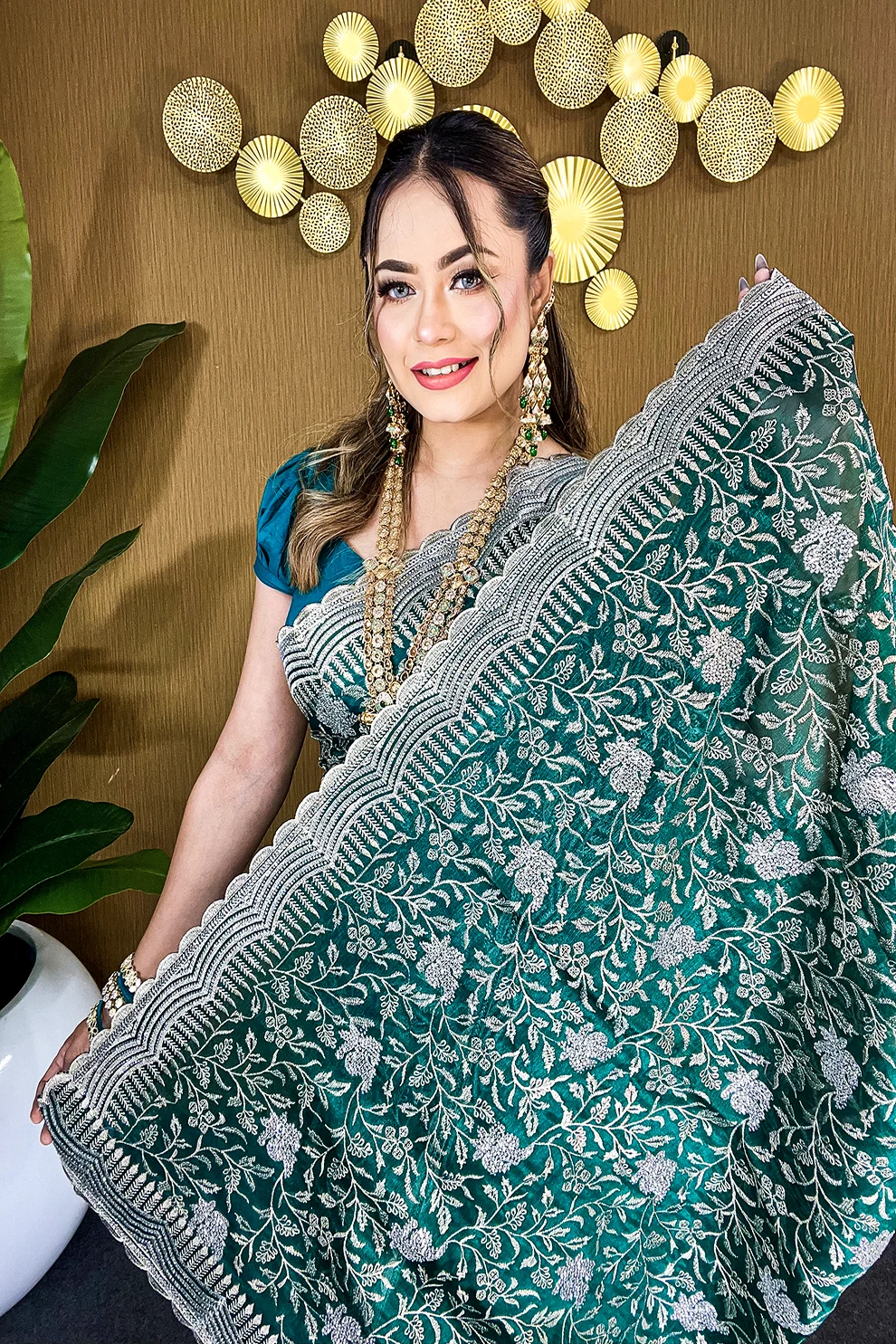 Forest Green Silver Grace – Premium High Grade Stone Saree ✨